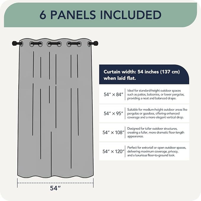 Outdoor Curtains for Patio Waterproof 6 Panels, Porch Sun Shade | Weatherproof - Image 7