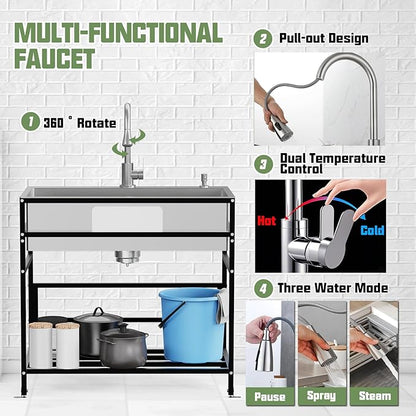 33x19 Inch Stainless Steel Utility Sink-Freestanding Laundry Sink Practicality With Accessories Stainless Functional Faucet,Soap Dispenser, SS Sink Grid For Laundry,Garage,Outdoor Kitchen,Garden...