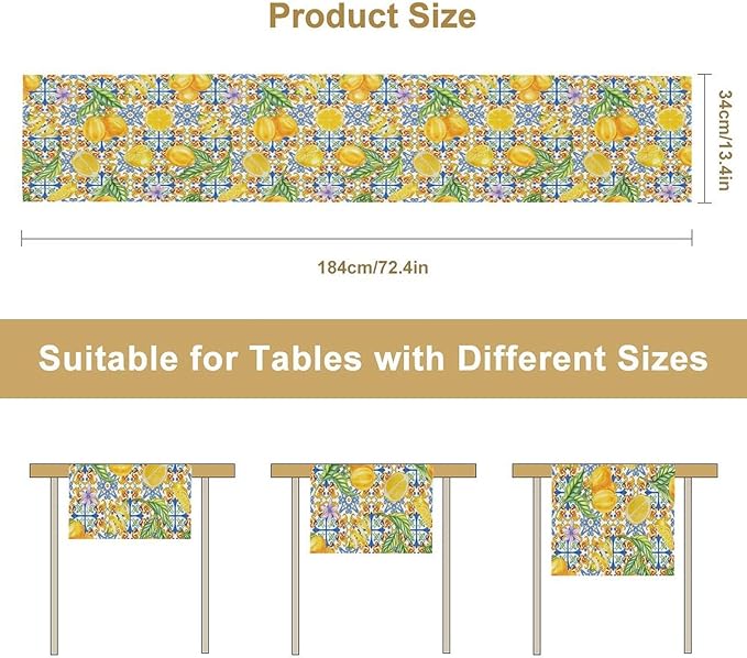 Lemon Tiles Table Runner, Blue Yellow Kitchen Summer Flower Table Runner for Home Kitchen Indoor Outdoor Patio Party 13x120in
