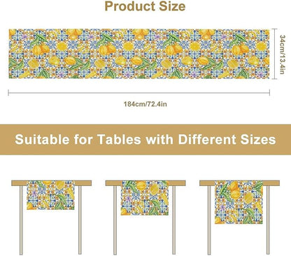 Lemon Tiles Table Runner, Blue Yellow Kitchen Summer Flower Table Runner for Home Kitchen Indoor Outdoor Patio Party 13x36in