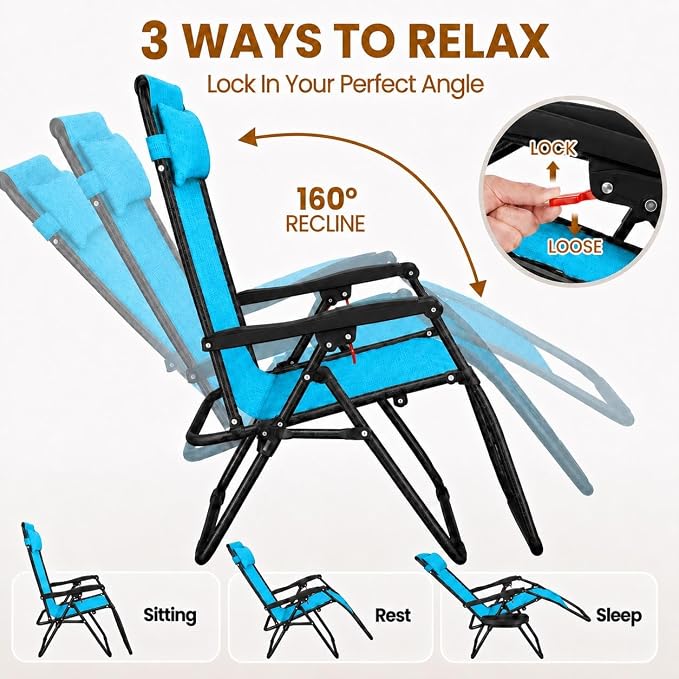 Yaheetech 26" Zero Gravity Recliners Adjustable Set of 2, Light Blue | Outdoor - Image 5