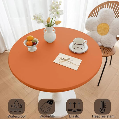 Fall Round Fitted PU Tablecloth with High Elastic Edge 51 Inch Dia Waterproof Oil Proof Table Cloth Anti-Scald Stain-Resistant Wipeable Table Cover for Indoor Outdoor Picnic (Orange,51" Dia)