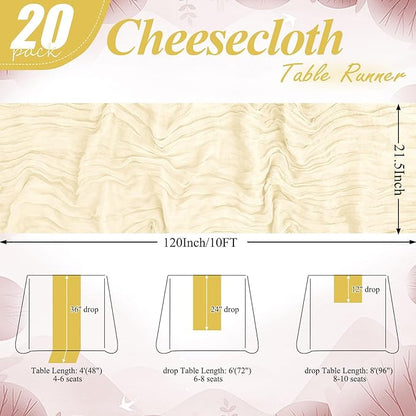 20 Packs Cheesecloth Table Runner 10FT Long Boho Gauze Fabric Table Runner Vintage Rustic Sheer Runners for Wedding Party Bridal Baby Shower Table Decorations (Ivory )