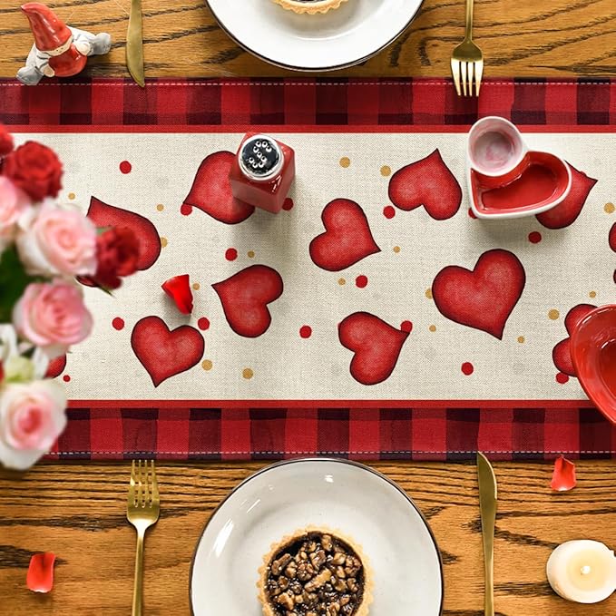 Artoid Mode Red Watercolor Hearts Gnomes Love Table Runner, Seasonal Anniversary Wedding HoliKitchen Dining Table Decoration for Indoor Outdoor Home Decor 13 x 120 Inch