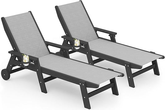SERWALL Textilene Patio Chaise Lounge Chair Set of 2, 5 Positions Outdoor Lounger with Rolling Wheels for Pool, Deck, Black