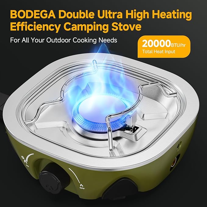 BODEGA 2 Burner Camping Stove, 20000 BTU Folding Propane Camp Stove with Adjustable Burners,Portable Dual Gas Stoves with Carry Handle&Bag for Camping,BBQ,RV,Home,Camping Essentials Gear