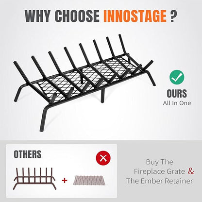 INNO STAGE Fireplace Grates with Ember Retainer - 30 Inch Fireplace Log Grate, Firewood Wood Log Holder Rack, Inside Wrought Cast Iron Fire Grate for Hearth Indoor Outdoor Camping
