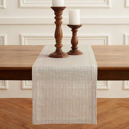 Solino Home Linen Striped Table Runner 120 Inches Long - Narrow Stripe 100% Pure Linen Natural and White Dining Table Runner 14 x 120 Inch for Spring, Easter