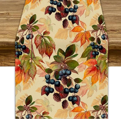 Autumn Leaf Table Runner, Thanksgiving Autumn Harvest Watercolor Black Berry Floral Fruit Leaves Vintage Table Runner for Home Party Picnic Dinner Table Decor, 13x36inch