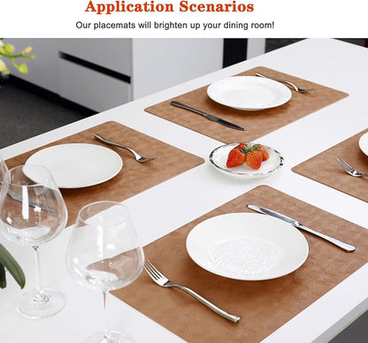 Vinyl Placemats Set of 4 Heat Resistant Easy Clean Non-Slip Place Mats for Dining Table. Faux Leather Waterproof Stain Resistant Wipeable Washable PU Table Mats(4, Light Brown)