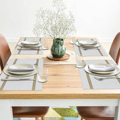 Beige Placemats Set of 8 - Heat Resistant Non-Slip Place mats for Dining Table, Washable Durable PVC Vinyl Woven Table Mats (Beige)