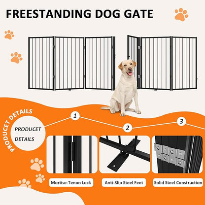Metal Freestanding Dog Gate, Foldable Extra Wide 118", 32" Tall Large Opening Pet Gate for Indoor & Outdoor, Portable Dog Fence for Stairs, Doorways (Black, 6 Panels)