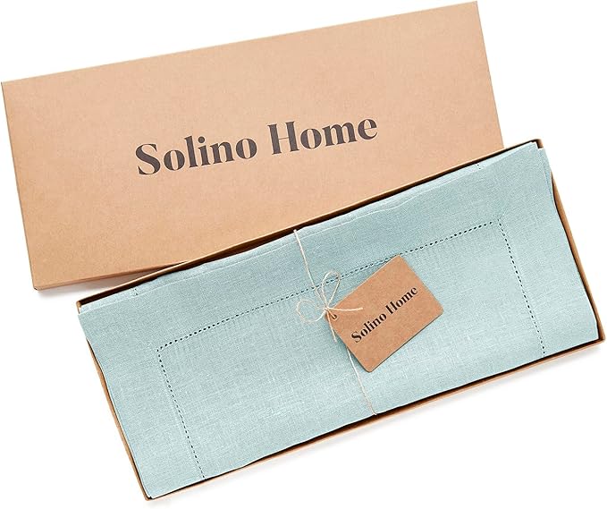 Solino Home Linen Aqua Blue Table Runner 48 Inches - Classic Hemstitch, 100% Pure Linen Coffee Table Runner 14 x 48 Inch Ideal for Dresser Tables - Winter, Spring, Easter