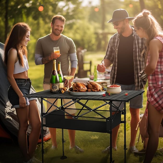 ALPHA CAMP Folding Camping Table, Portable Roll-up Table with Adjustable Height, Large Storage Bag and Carrying Bag, Tall Aluminum Table for Indoor & Outdoor Picnic BBQ Backyards Beach