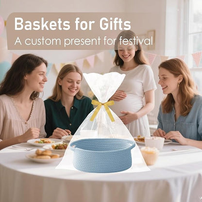 Woven Basket,Small Rope Storage Bin with Handles & Ribbon Bag, Organizer for Shelves Closets,Gift Basket Empty for Birthday,Books,Dog Toys, Blue/2 Pack