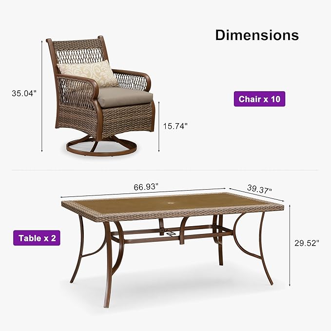 PURPLE LEAF Outdoor Dining Set for 10 All Weather Wicker Patio Dining Set with Hand-Woven Rattan Swivel Dining Chais and Rectangular Aluminum Table for Garden Deck Backyard Kitchen