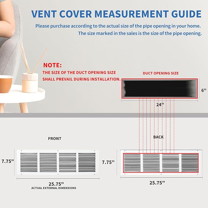 24x6 Return Air Grille (Duct Opening Size), Air Return Vent Cover, AC Vent Cover, Cold Air Return Vent Cover, Flat Return Air Grilles, Outer Dimensions:25.75"W x 7.75"H (24"Wx6"H, Duct Opening)