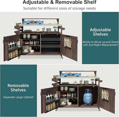 53.3" Outdoor Kitchen Island with Stainless Steel Top, Rolling Grill Cart with Adjustable Shelves, Raised Shelf, Lockable Wheels, Portable Outdoor Table and Bar Storage Cabinet for Patio