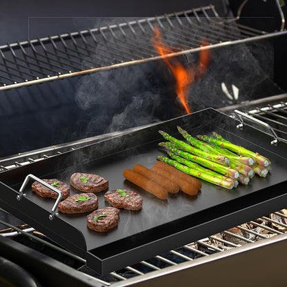 25" x 16.5" Nonstick Carbon Steel Griddle for Gas/Electric/Charcoal Grills, Universal Flat Top Griddle for Weber Charbroil Camp Chef, Griddle Plate with Grease Groove for Parties, Camping, Tailgating
