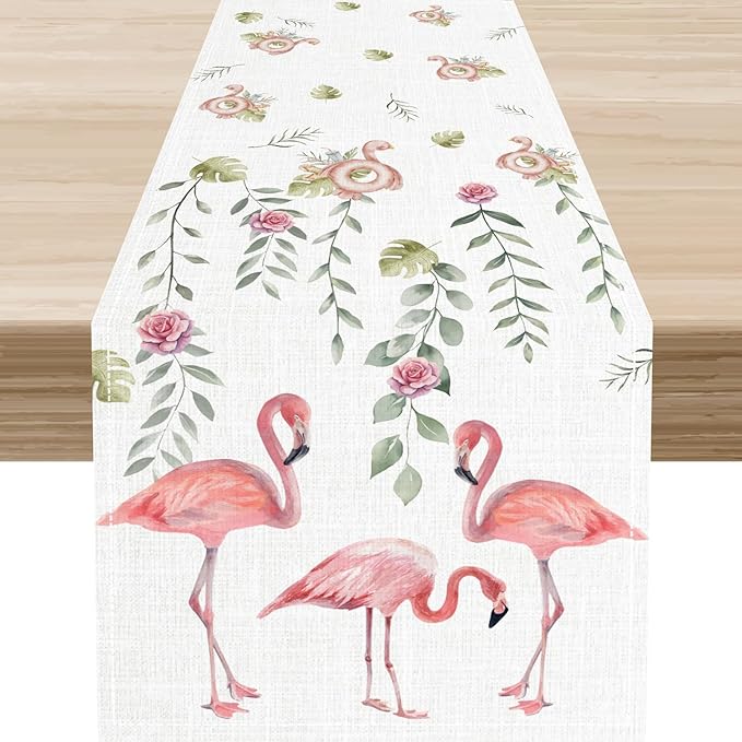 Flamingo Table Runner,Rustic Boho Grey Leaf Pink Rose Floral Tropical Bird Pattern Table Center Decor for Family Kitchen and Living Room Outdoor Farmhouse Party Table Decorations, 13"x36"