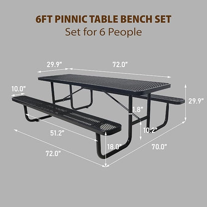 6FT Rectangular Metal Picnic Table for Outdoors, Commercial Steel Metal Picnic Tables, Heavy Duty Sturdy Picnic Tables Furniture Set for Patio Garden Courtyard BBQ, with Umbrella Hole, Black