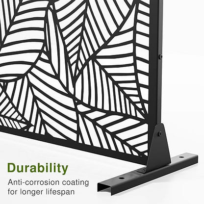 Casaphoria 72" H x 47" W Metal Outdoor Privacy Screen, Freestanding Decorative Divider for Patio, Deck, Balcony, and Garden with Stable Base, Black Bamboo Leaves