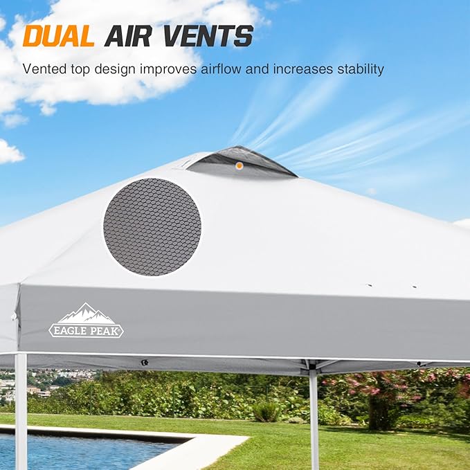 EAGLE PEAK Pop Up Canopy Tent with Wheeled Carry Bag, 8 Stakes, 4 Ropes, 4 Weight Bags, Easy Set Up Tent Canopy, 10x10 ft, 100sqft of Shade, White