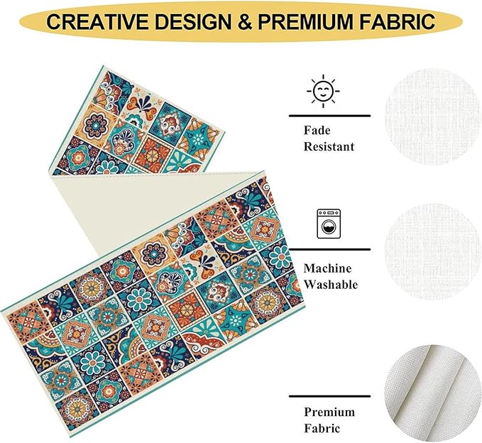 Mexican Table Runner, Blue Rustic Mexico Talavera Ceramic Hand Painted Tiles Cinco De Mayo Coffee Table Center Decor for Family Kitchen and Dining Patio Indoor Outdoor Table Decorations, 13" X 90"