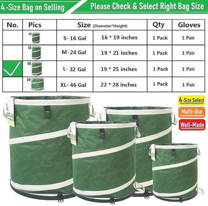 32-Gallon Collapsible Trash Can (19x25 in) Hard-Shell Bottom Leaf Bag,Yard Waste Bag,Garden Debris Container,Pop-Up Recycling Bin,RV Camping Waste Bin,Laundry Hamper,Lawn Grass Clippings,Weeds Basket