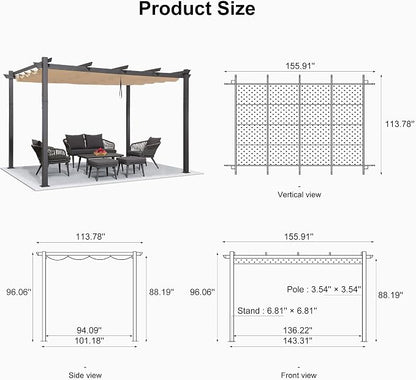PURPLE LEAF Outdoor Pergola 10' X 13' Retractable Canopy Aluminum, Custom Shade - Image 7