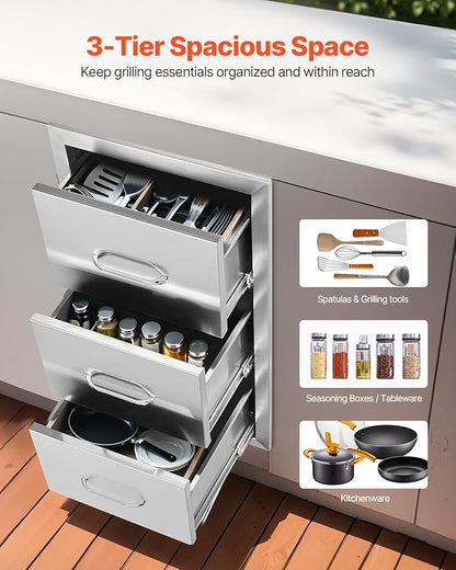 VEVOR Outdoor Kitchen Drawers 16" W x 28.5" H x 20.5" D, Flush Mount Triple Access BBQ Drawers with Stainless Steel Handle, BBQ Island Drawers for Outdoor Kitchens or BBQ Island Patio Grill Station