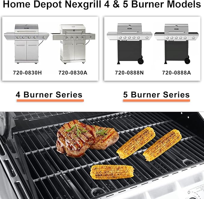 Hiorucet Grill Parts for Home Depot Nexgrill 720-0888N 720-0830H 720-0888 720-0888A Gas Grill, Cast Iron Grill Grates, Porcelain Steel Heat Plates, Burners for Nexgrill Replacement Parts 5 Burner