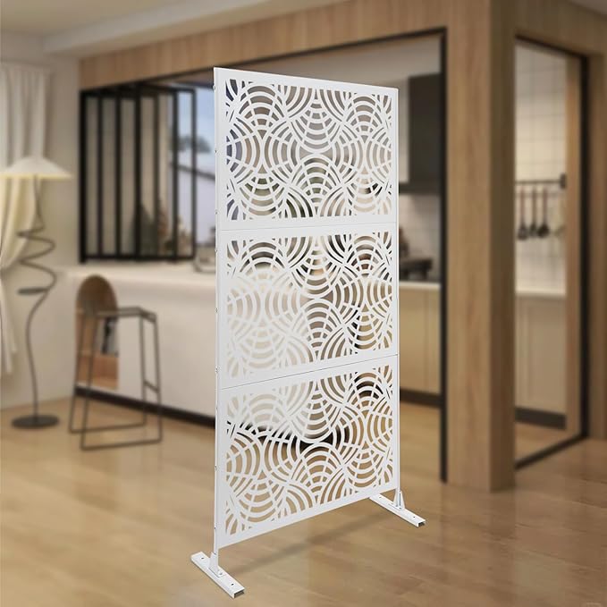 75" H×35" W Decorative Outdoor Privacy Screen with Stand, Outdoor Decor Privacy Fence Screen Metal Fence Panels, Free Standing Metal Divider for Patio Lawn Deck (White -Curved Pattern)