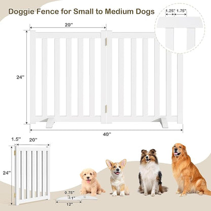 24" Height Tall Freestanding Pet Gate, Solid Wood Folding Safety Fence Wooden Dog Gate with 2 PCs Support Feet Ideal for Stairs, Doorways, Halls, Kitchens, Heavy Duty Gates, 2 Panels, White