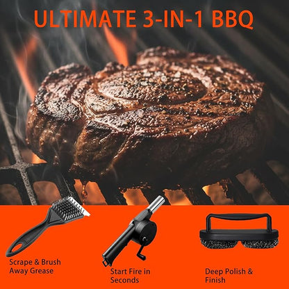 3Pcs Grill Brush for Outdoor Grill Set, Heavy Duty Stainless Steel Grill Scraper & Scrubber, Hand Crank Fan for Cast Iron and Stainless Steel Grates, Outdoor Camping BBQ Cleaning Accessories