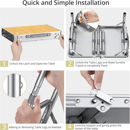 Anbte 2ft Camping Table Foldable, 3 Adjustable Heights High 27.5" Aluminum Small Folding Table with Carrying Handle, Portable, for Outdoor Indoor Picnic Beach BBQ Party Travel, 24" x 16", Yellow
