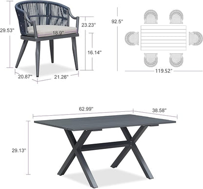 PURPLE LEAF Outdoor Dining Set for 6 with Storage Box All Weather Wicker Patio Dining Set with Rectangular Aluminum Table and Modern Armrest Dining Chairs for Garden Deck Backyard Kitchen, Grey