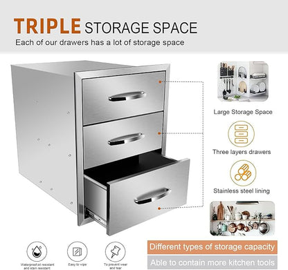 Outdoor Kitchen Drawers, Box Frame Style Flush Mount BBQ Drawer w/Stainless Steel Handle, BBQ Island Drawers For Patio Grill Station,Three Drawers