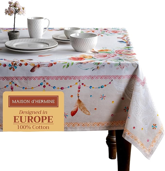 Maison d' Hermine Table Cloth Rectangle Table 100% Cotton 60 x 90 Inches Tablecloth Reusable Decorative for Dining Room, Farmhouse, Home, Party, Festive & Wedding Spring Summer - Ibiza - Beige