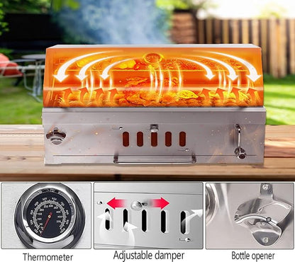 Large Charcoal BBQ Grills, Built in Barbecue Grill with Liftable Tray, Insulated Hood & Temp Gauge, Silver Stainless Steel BBQ Barrel Grill for Outdoor Kitchen Cooking Family Parties Patio Park Style