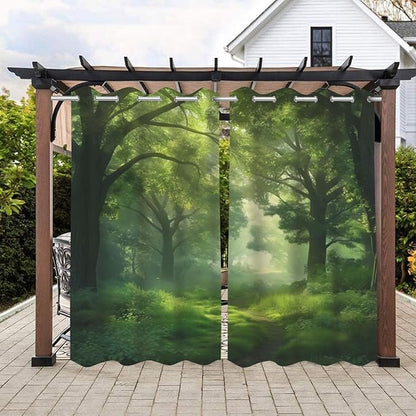 Forest Theme Waterproof Outdoor Curtains for Patio,Dawn Trees Jungle Pattern,Waterproof, Privacy, Grommet Curtains for Patio, Pergola, Porch, Deck, Lanai, Cabana,2 Panels,54 x 84 inch,Green