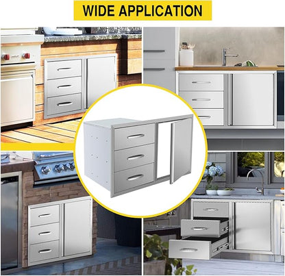 Outdoor Kitchen Drawer Combo, Stainless Steel Triple Drawers & 2 Trash Can Drawers,Enclosed Built-in Drawer Flush Mount For Outdoor Kitchens & BBQ Islands ﻿ ﻿,G3
