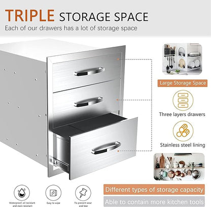Outdoor Kitchen Stainless Steel Triple Access BBQ Drawers With Handle For BBQ Island Patio Grill Station,Three Drawers