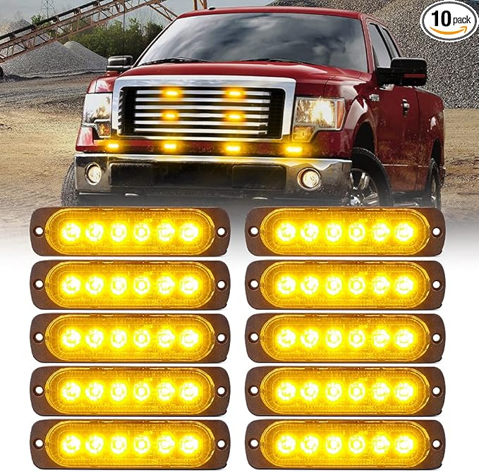 Xprite 10PCS LED Emergency Strobe Lights, Amber 12-LED Surface Mount Flashing Strobe Lights, Sync Feature Ultra Slim Grill Light for Off-Road Vehicles ATV SUV Trucks Cars