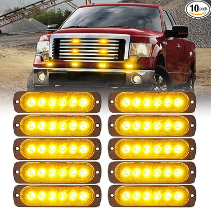 Xprite 10PCS LED Emergency Strobe Lights, Amber 12-LED Surface Mount Flashing Strobe Lights, Sync Feature Ultra Slim Grill Light for Off-Road Vehicles ATV SUV Trucks Cars