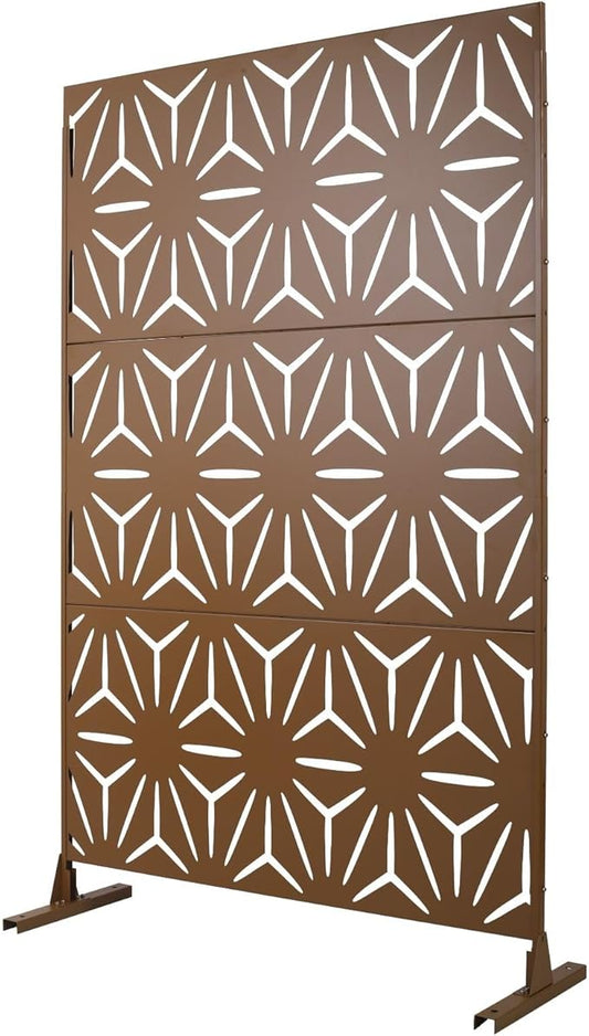 Outdoor Privacy Screen, 76" H x 48" W Decorative Metal Panel, Steel Privacy Divider with Freestanding Base, Ideal for Garden, Patio, or Balcony, Brown