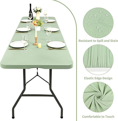 6 Pack Stretch Fabric Table Top Cap Cover, fits 8' Tables, Spandex Table Covers Washable Elastic Rectangle Tablecloth Protector for Indoor Outdoor Party Picnic Wedding, Sage Green, 30" W x 96" L