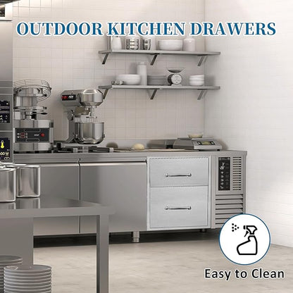 Outdoor Kitchen Drawers 14"Wx21"Hx21"D Flush Mount Access 2-Drawer BBQ Stainless Steel Drawers with Handle for Outdoor Kitchen Island or Grill Station
