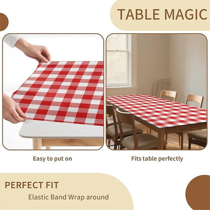 Rectangle Table Cloth Cover Waterproof Elastic Fitted Polyester Fitted Tablecloths for 4 Foot Tables for Indoor,Picnic, Camping, Outdoor （48" x 30"，Red Grid）