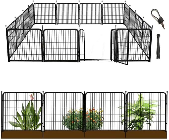 Tall Garden Fence with Gate 48 in(H)×27 in(L) 12 Panels Total 26.6 Ft(L), Garden Fencing to Keep Dogs Out, Heavy Duty Iron Metal Animal Barrier Fence, Flower Bed Fencing
